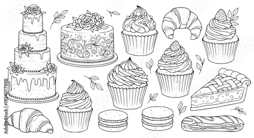 Dessert pastry doodle set with cakes, cupcakes, croissants, macarons and slice of pie, hand drawn black outline sketch for bakery menu, coloring page, cafe branding