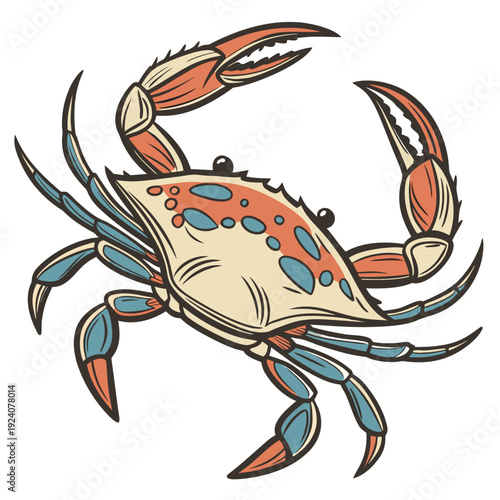 A colorful crab with orange and blue legs and spots