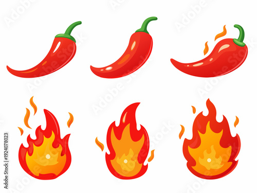 A vibrant collection of red chili peppers and stylized fire flames