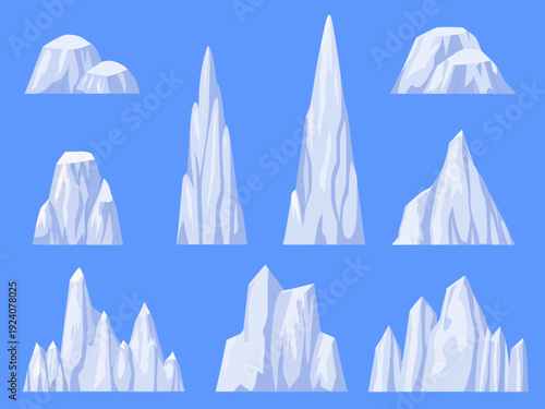 Stylized white mountain peaks and formations against a blue background