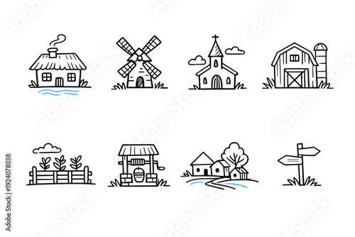 Collection of simple white line art icons representing rural village life and buildings