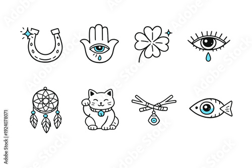 Collection of lucky charms and symbols for good fortune and protection