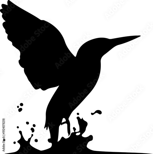 A silhouette of a bird in flight over a body of water with splashes.