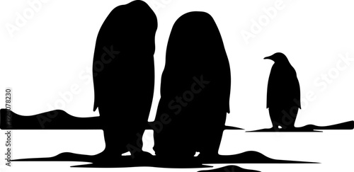 Three penguins standing on ice, with one looking out into the distance.