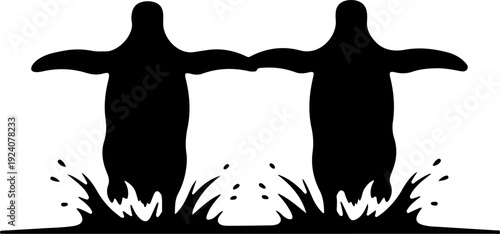 Two penguins standing on grass with their wings outstretched towards each other.