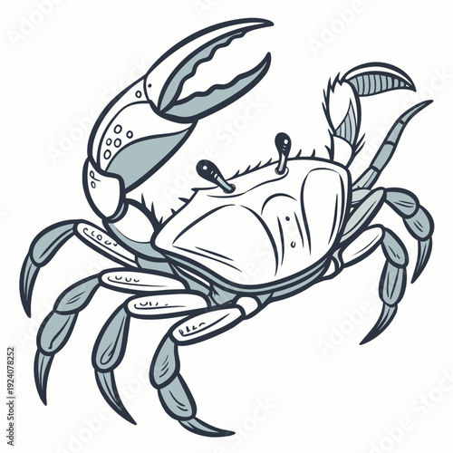 A blue and white drawing of a crab on a white background