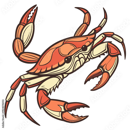 A cartoon crab with orange and white shell
