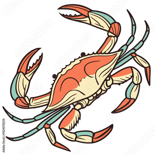 A colorful cartoon crab on a white background