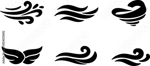 A collection of stylized black and white wave and feather designs