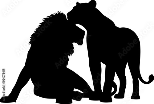 Two majestic lions displaying affection and companionship in the wild.