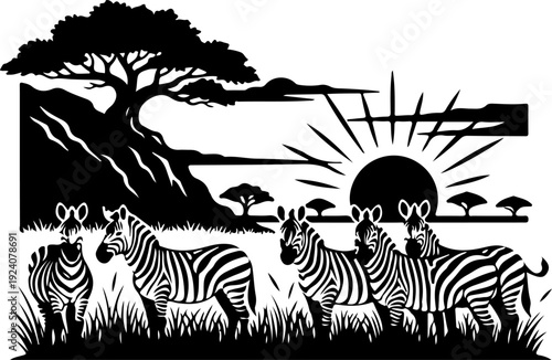 Zebras grazing in the savannah under a setting sun with acacia trees and birds in the background