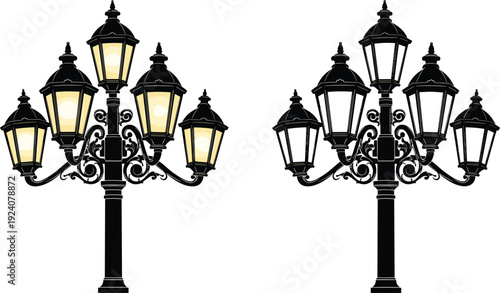 Vintage street lamp illustration set, classic decorative lantern light post silhouettes, retro city lighting vector illustration bundle pack design
