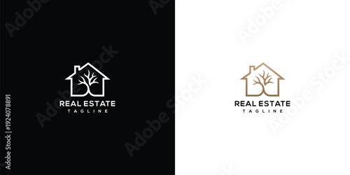 Real Estate Logo House and Tree Symbol Minimalist Design.
