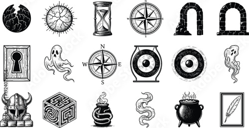 Vintage mystical symbols vector set, fantasy magic icons collection with compass hourglass ghost cauldron medieval illustration bundle isolated design pack