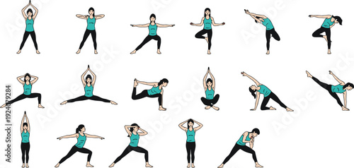 Yoga poses set, woman fitness exercise collection, stretching balance asana silhouettes, healthy lifestyle workout vector illustration pack bundle design