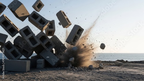 Concrete cinder blocks explode in mid-air near the sea, creating dust and debris