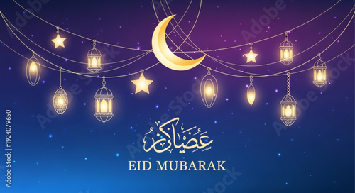 Islamic crescent moon and lanterns celebrate Eid Mubarak festival.