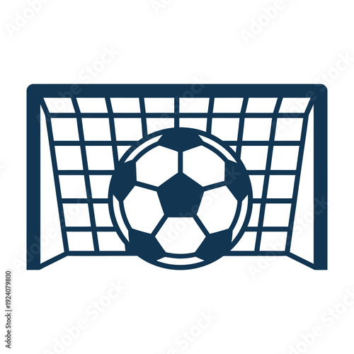 Classic soccer ball centered in a dark blue goal net symbolizing victory competition and the thrill of scoring on a clean isolated background with a minimalist aesthetic