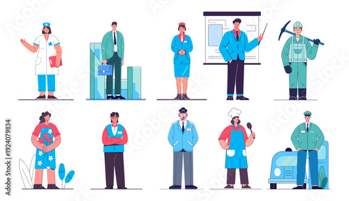 Different professions flat style set. People in different jobs set. nurse; broker; businessman; dispatcher; teacher; miner; florist; student; pilot; fell; taxi driver; driver