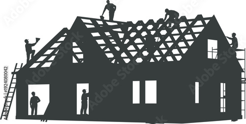 Silhouette illustration of construction workers building a house, teamwork on roof trusses, scaffolding, and ladders, symbolizing collaboration, residential development, and skilled labor progress.