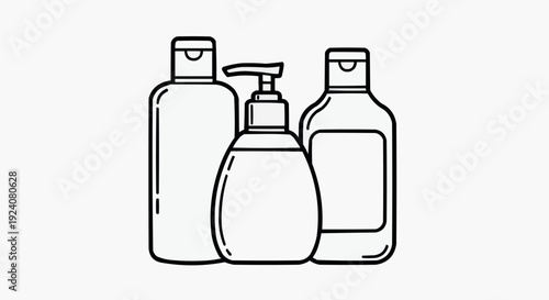 Minimalist illustration of shampoo, lotion, and soap bottles