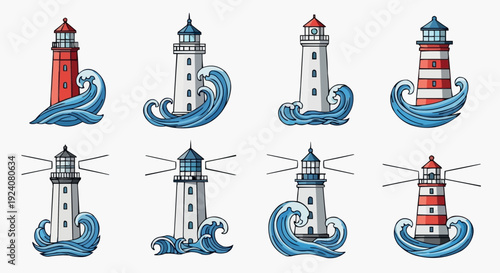 A set of colorful vector illustrations of a lighthouse