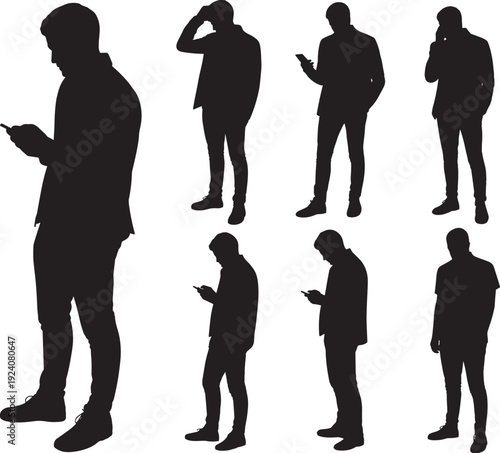 Silhouette illustration of seven people standing and walking with smartphones, depicting modern technology use, digital communication, and everyday mobile lifestyle behaviors.