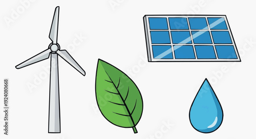 A vector art piece about clean energy featuring: a wind turbine, a solar panel, a leaf, and a drop of water