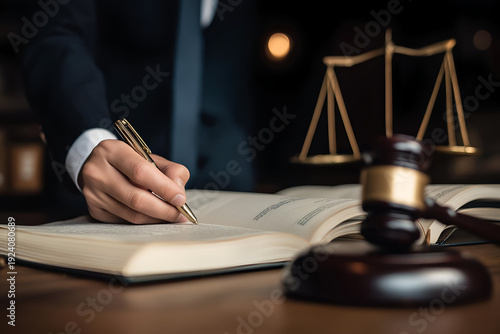 A lawyer writing in a legal book with a gavel and scale in focus, symbolizing justice and the legal profession.
