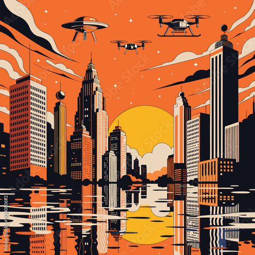 Futuristic Orange City Skyline with Flying Drones
