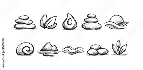 Zen, nature outline icon set. Peace, tranquility, meditation symbols collection.