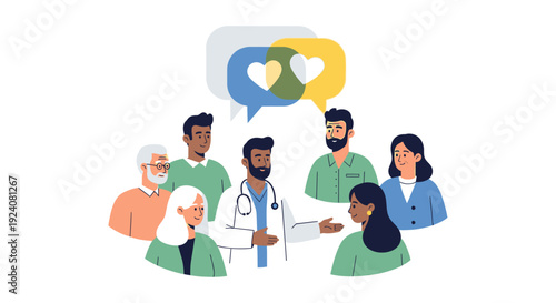 Doctor Communicating with Diverse Patients: Community Healthcare, Medical Support, and Empathy Illustration