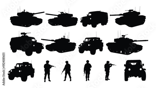 Silhouettes of military vehicles and personnel isolated on white background, Vector