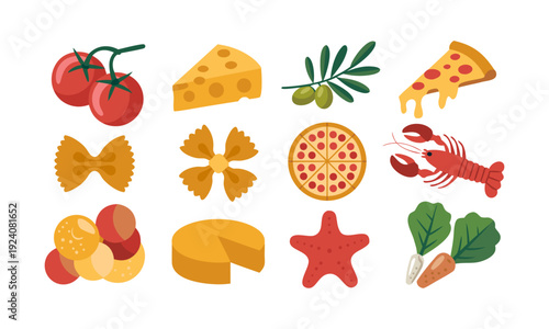 Mediterranean food ingredient set isolated on white vector illustration, easily editable