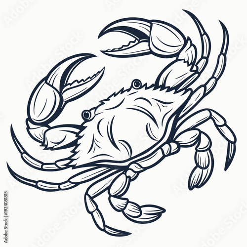 A line drawing of a crab with its claws raised