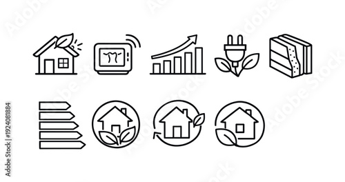 Eco-friendly home silhouette icon set. Sustainable living, energy conservation icons.