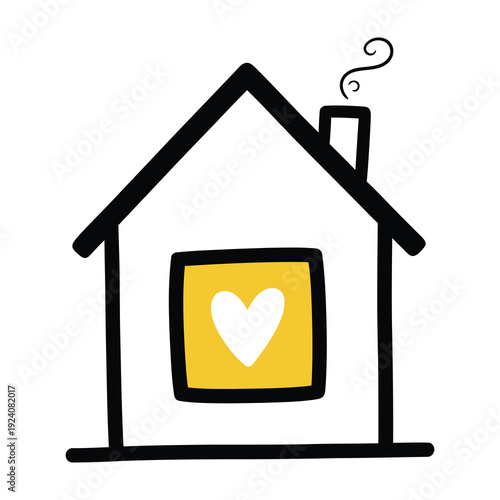Cozy hand drawn house with a warm yellow window framing a white heart symbol emitting gentle smoke from the chimney representing home love comfort and belonging with a simple