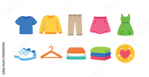 Clothing and fashion flat icon set. Wardrobe, apparel, dress icons collection