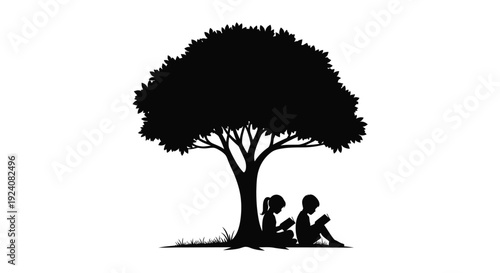 Silhouette of a tree with two people sitting beneath it