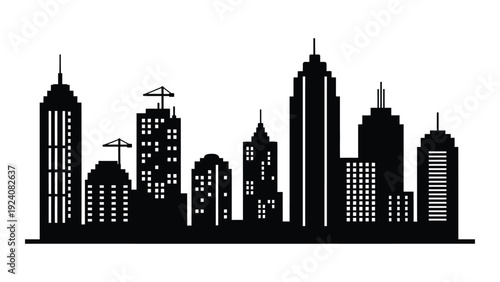 A black and white silhouette of a city skyline with skyscrapers and construction cranes isolated on white background, Vector