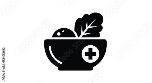 A simple black icon depicts a bowl of healthy food with a medical cross