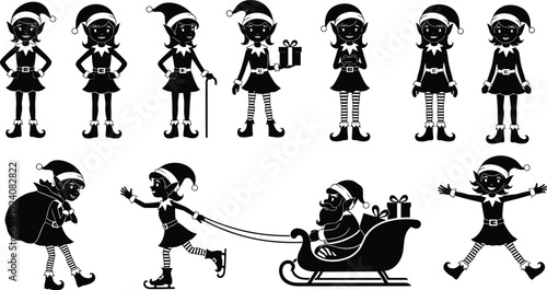 Christmas elves vector illustration set, holiday cartoon artwork, festive elf poses design, Santa sleigh gift carrying concept, black white decorative artwork collection