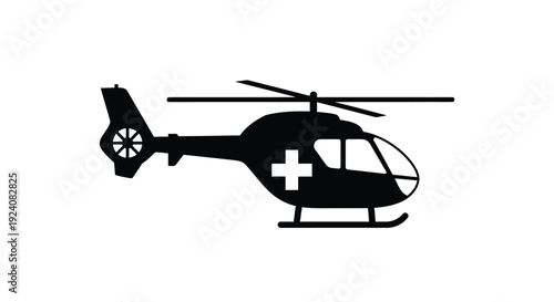 Black silhouette of a medical helicopter with a prominent red cross