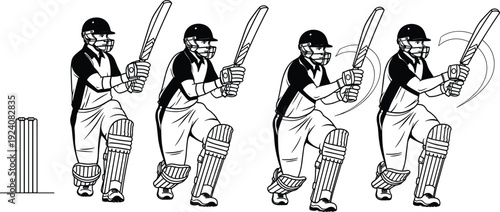 cricket batting sequence vector illustration, player forward stroke artwork, sports technique design concept, stumps crease position, black white instructional artwork set
