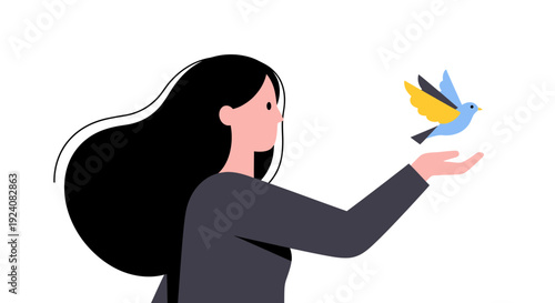 woman holding a bird in her hand, bird represents freedom