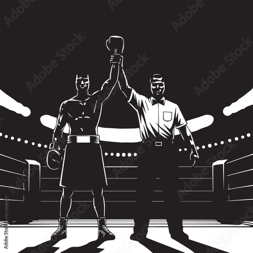 Boxing victory celebration in neon lit ring with referee and champion high fiving