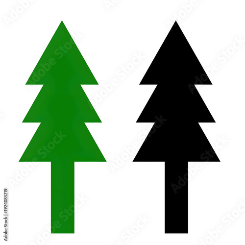 Green and Black Pine Tree Silhouette Icons Set on Transparent Background 