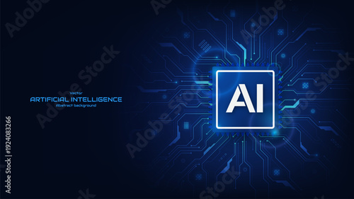 Futuristic AI chip on a circuit board. Artificial intelligence and innovation concept. Quantum computing. Microchip, semiconductor, and processor. Technology background. Vector illustration
