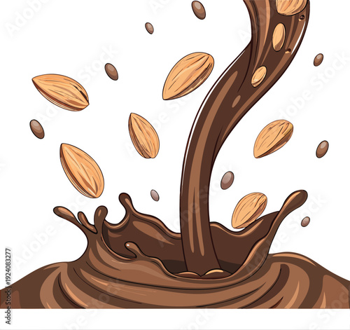 A dynamic splash of rich melted chocolate with whole almonds falling into it, some mid-air and some partially submerged. 
