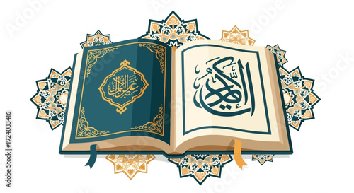 Illustrative depiction of an open holy book with intricate Arabic script and ornamental Islamic patterns